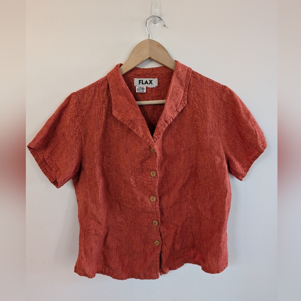 Flax Rust Orange Button-Down Fitted Collared Shor… - image 1